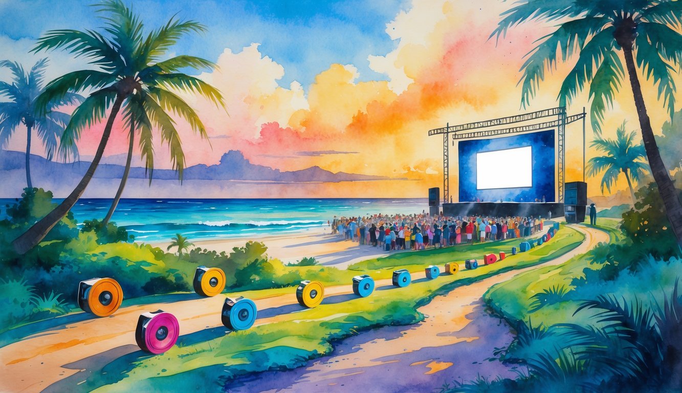 A tropical beach scene with palm trees, a winding path lined with film reels and cameras, people watching a movie outdoors at sunset.