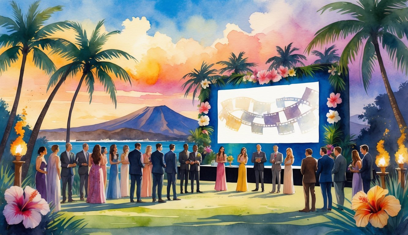 People gathered outdoors near a stage with tropical decorations, surrounded by palm trees and flowers, with mountains and ocean in the background at sunset.