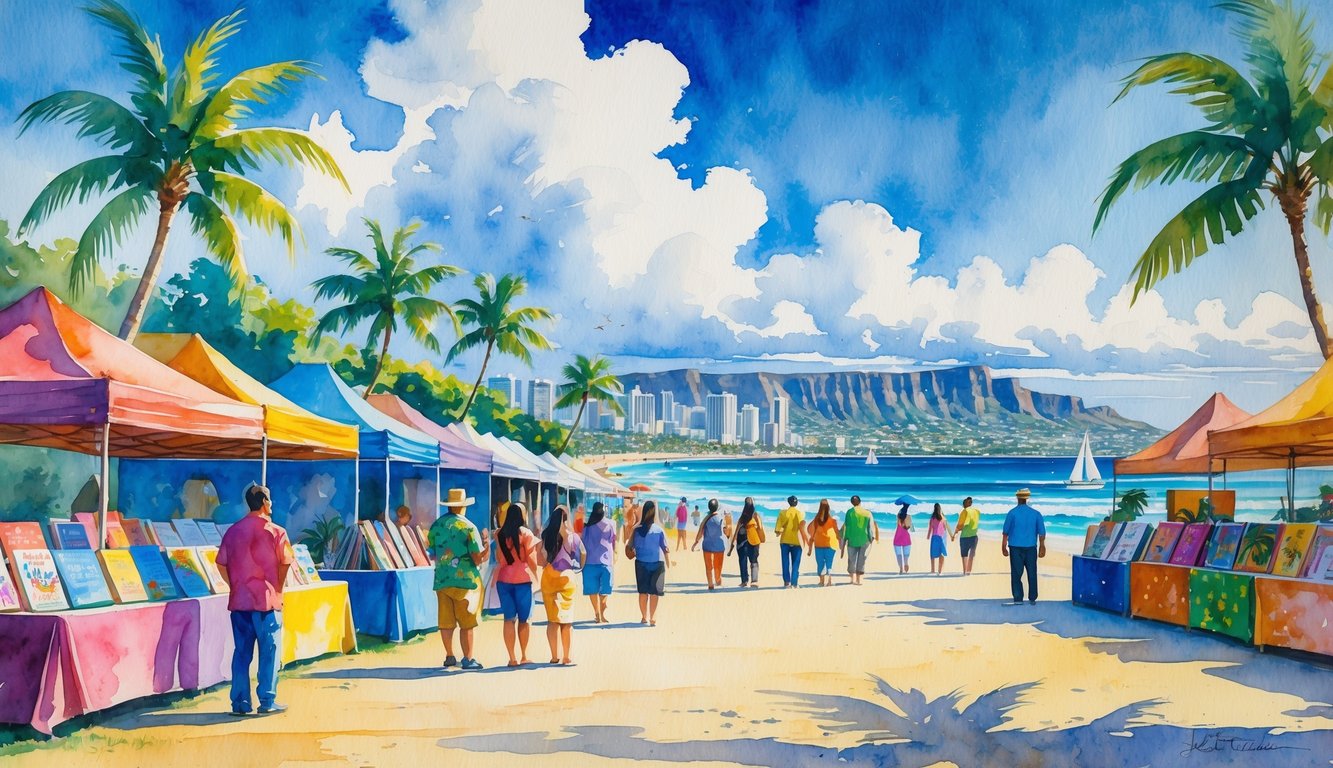 People enjoying an outdoor festival near palm trees and a beach with mountains and sailboats in the background.