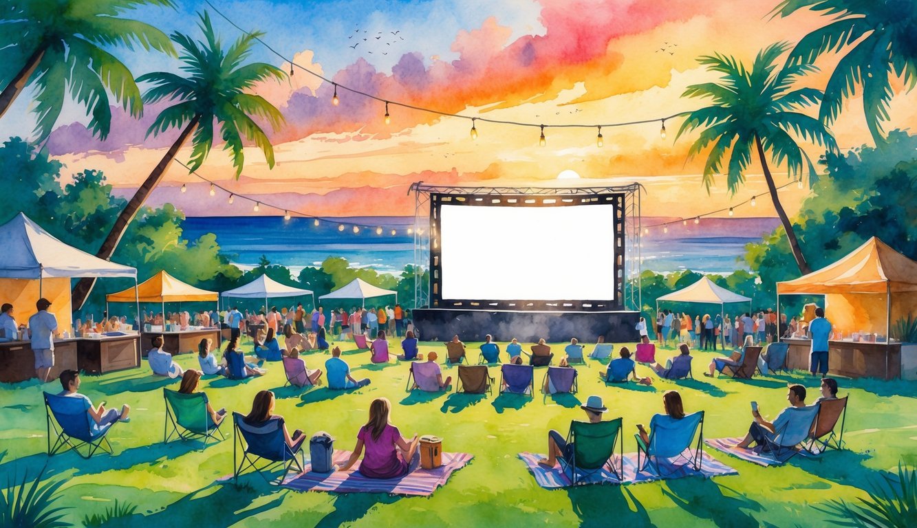 People gathered outdoors on a grassy hillside at sunset, watching a movie on a large screen near palm trees and the ocean, with string lights and food stalls nearby.