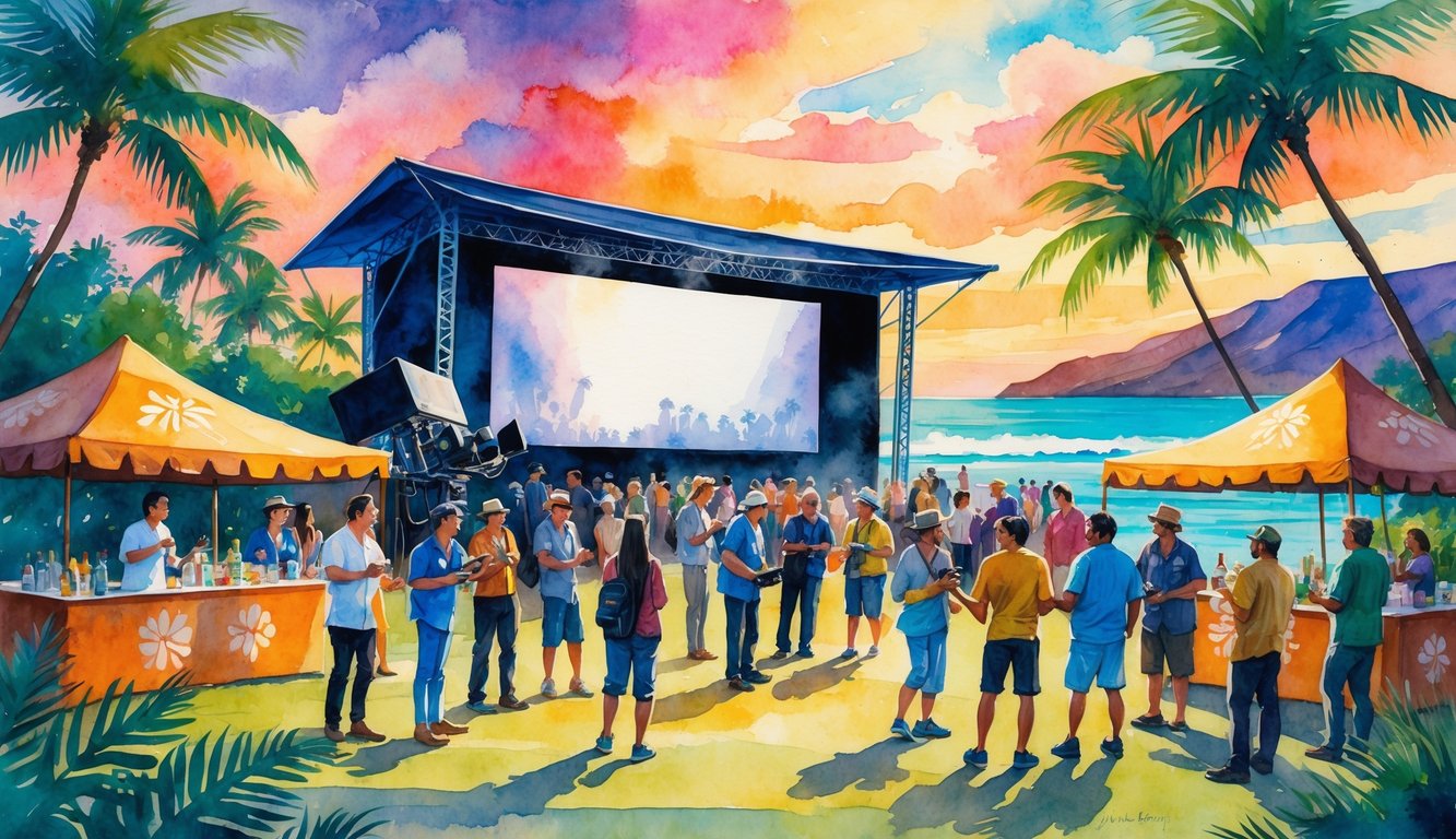 People gathered outdoors near a large movie screen surrounded by palm trees and mountains at sunset, enjoying a film festival on the island.