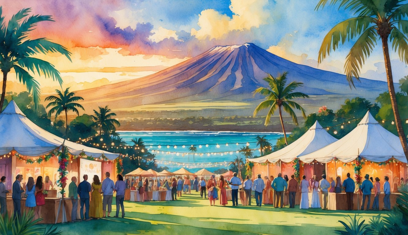 A tropical outdoor festival scene with people, palm trees, tents, and a volcano in the background near the ocean at sunset.