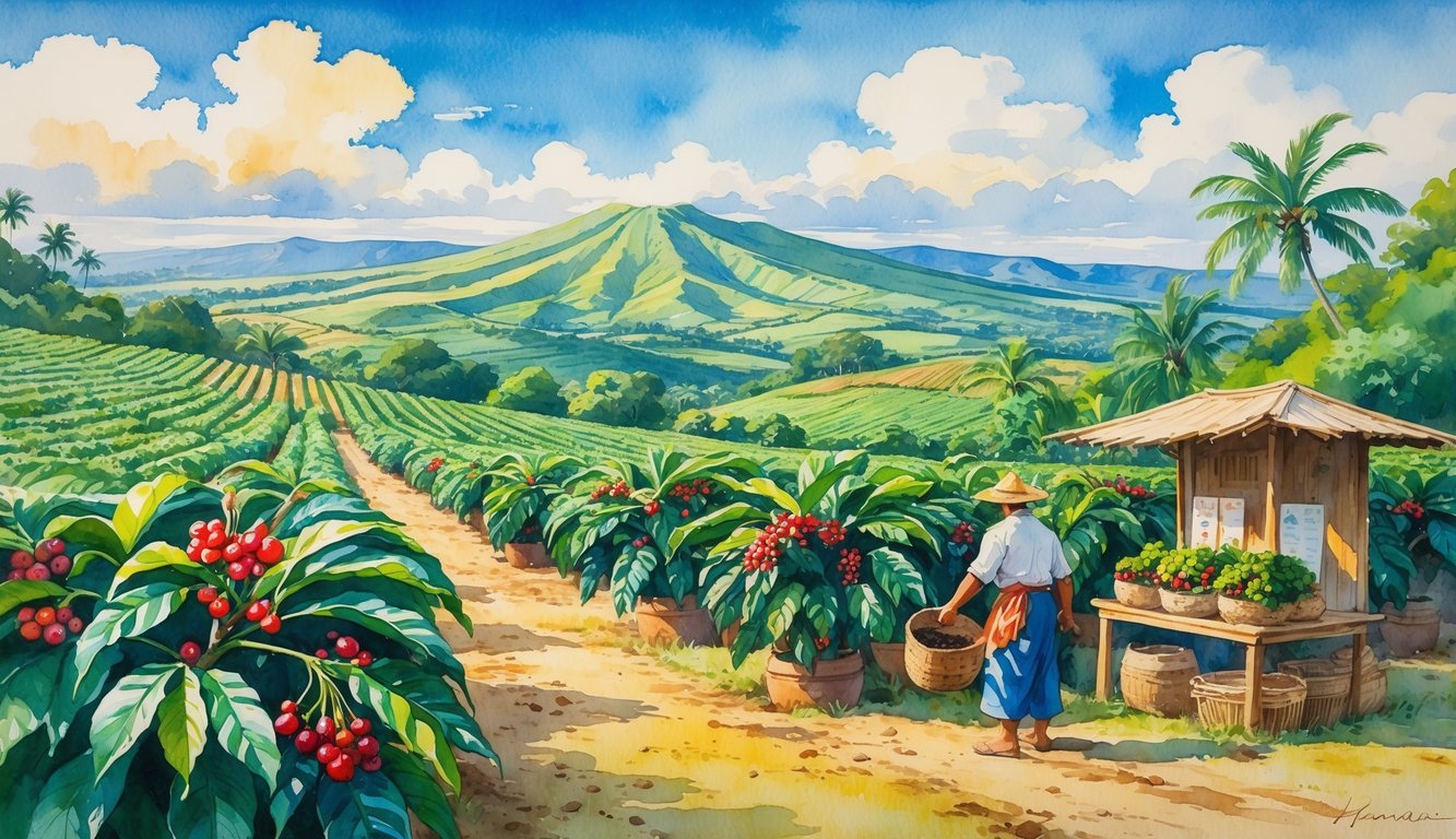 Lush coffee plantation on Hawaiian hills with farmers harvesting ripe coffee cherries and traditional cultural elements nearby.
