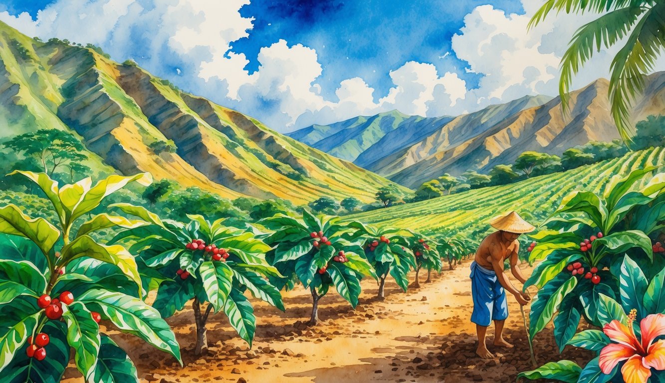 A farmer tending coffee plants on volcanic mountain slopes with tropical flowers and festive decorations in the background.