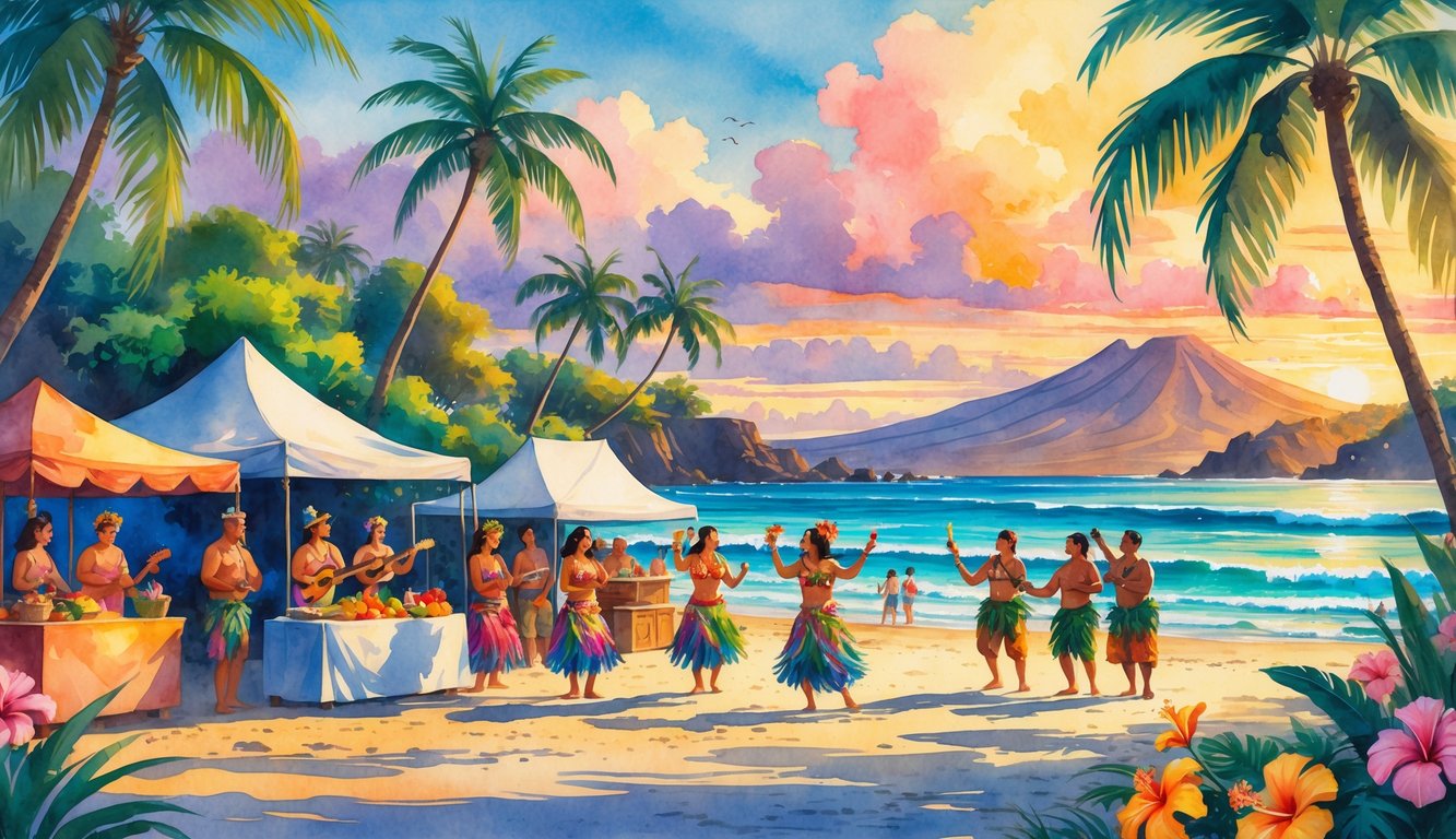 A lively beach festival in Hawaii with people dancing, tropical trees and flowers, ocean waves, musicians playing, and mountains in the background at sunset.