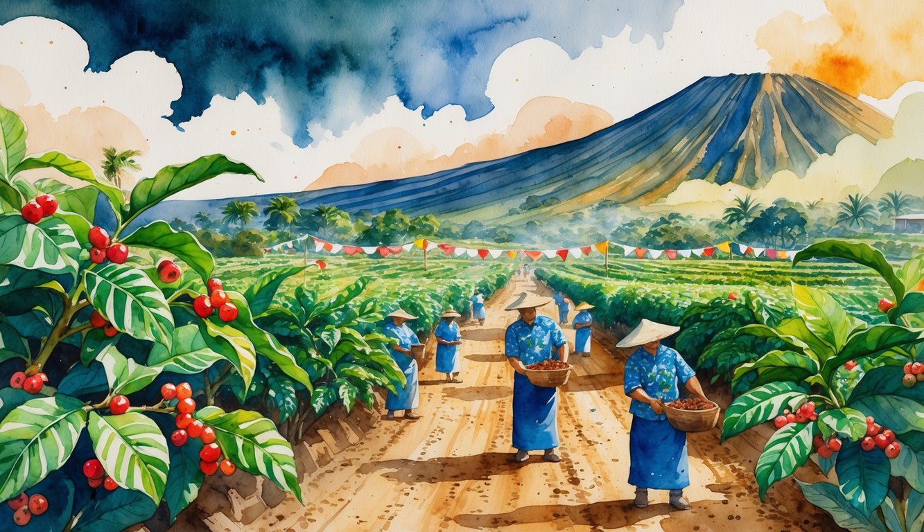 A scene showing Kona coffee farmers harvesting ripe coffee cherries on volcanic slopes with community members celebrating outdoors surrounded by coffee plants and tropical scenery.