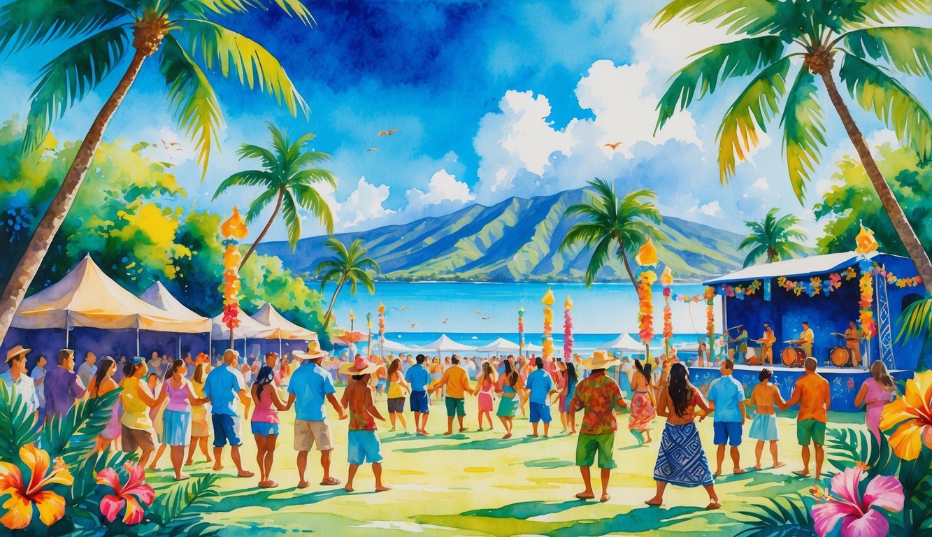 A lively outdoor festival in Hawaii with people enjoying music and dancing near palm trees and tropical flowers by the ocean.