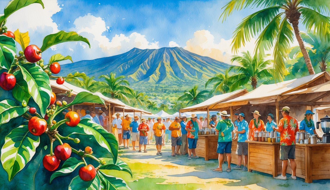 A lively outdoor scene showing people celebrating a coffee festival among coffee plants and volcanic mountains in the background.