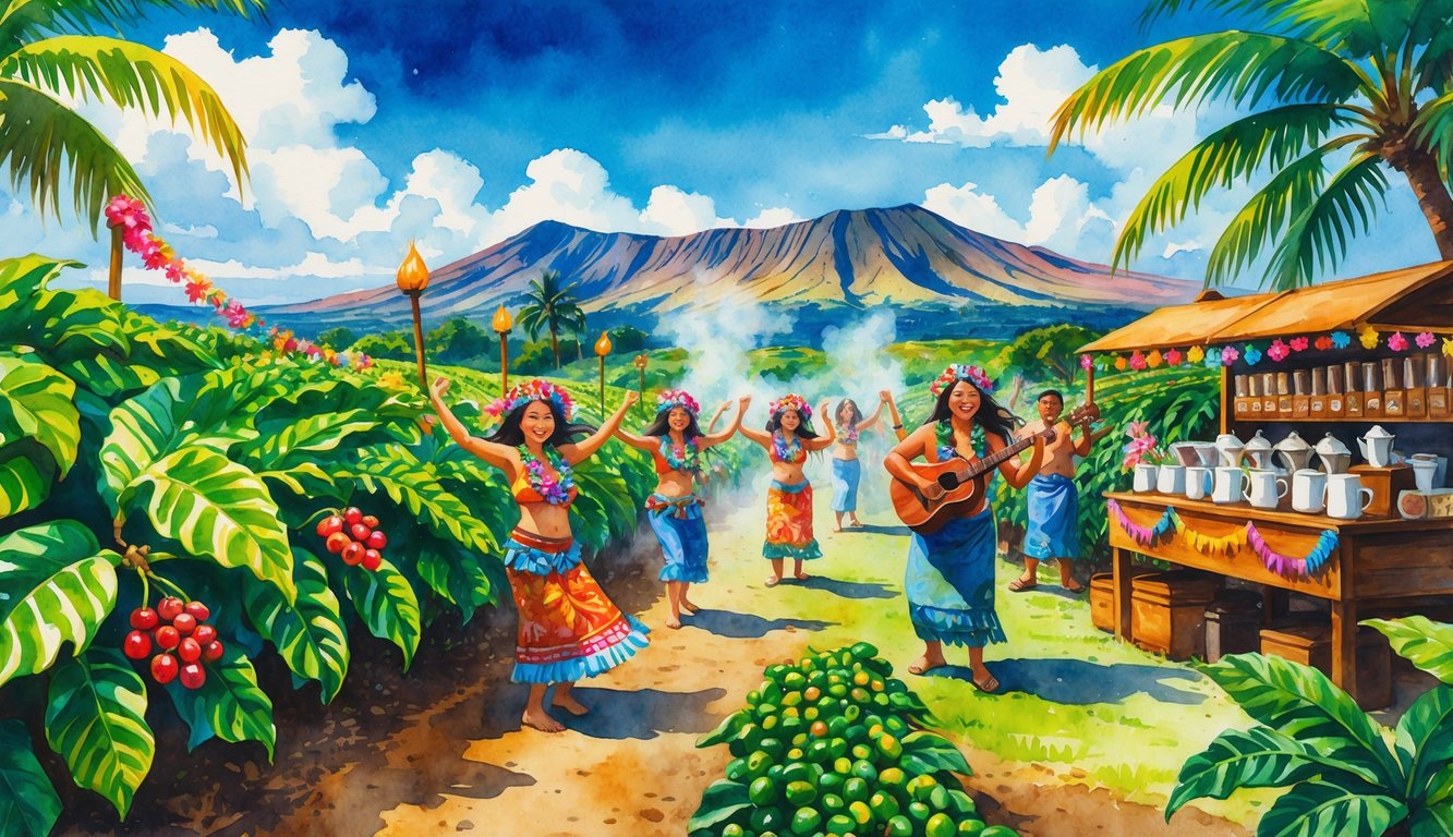People celebrating at a Hawaiian coffee farm with coffee plants, mountains, and festive decorations.
