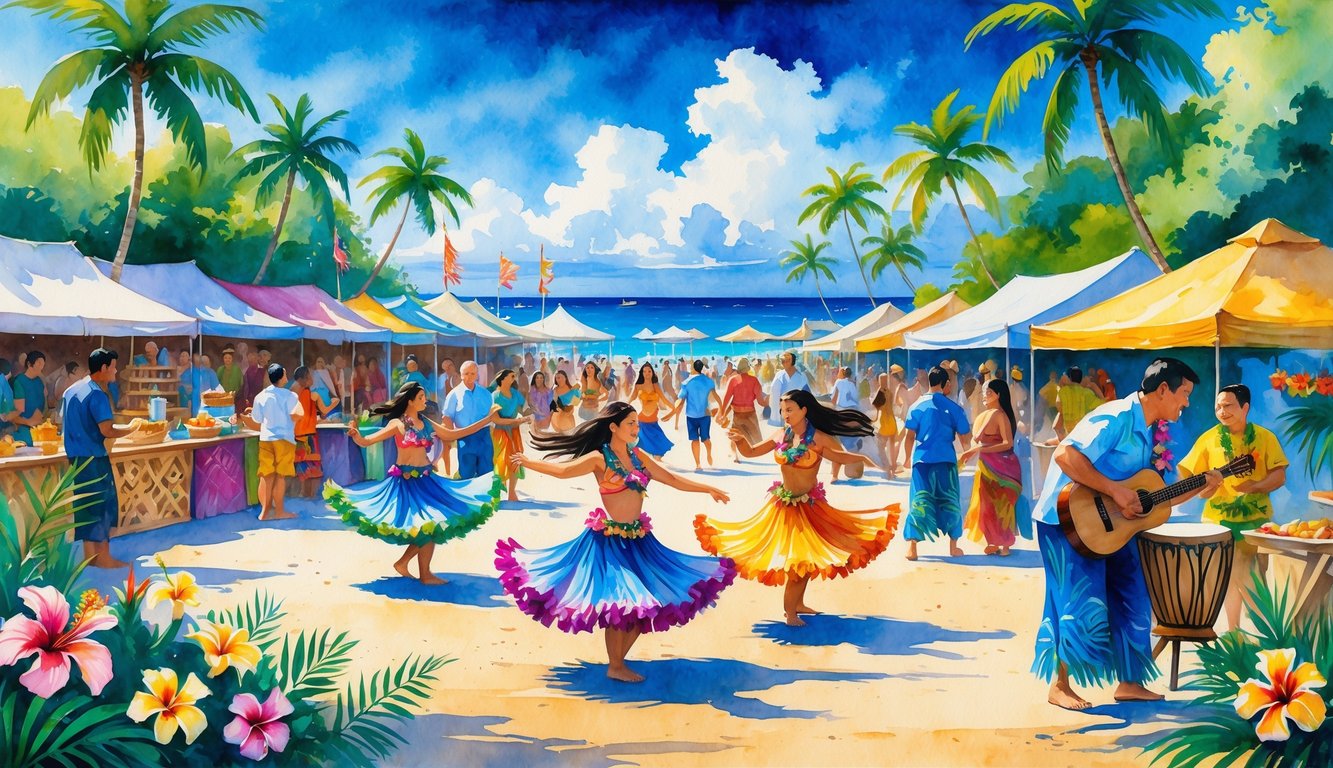 A lively outdoor festival on Oahu with dancers, musicians, tropical flowers, palm trees, and the ocean in the background.