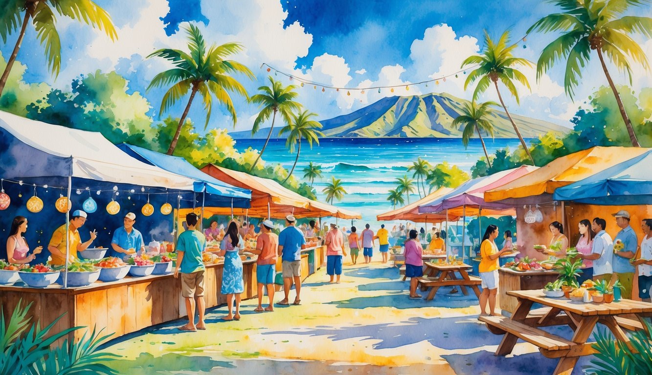 People enjoying a lively outdoor food market in Hawaii with palm trees, ocean, mountains, and tropical dishes under a sunny sky.