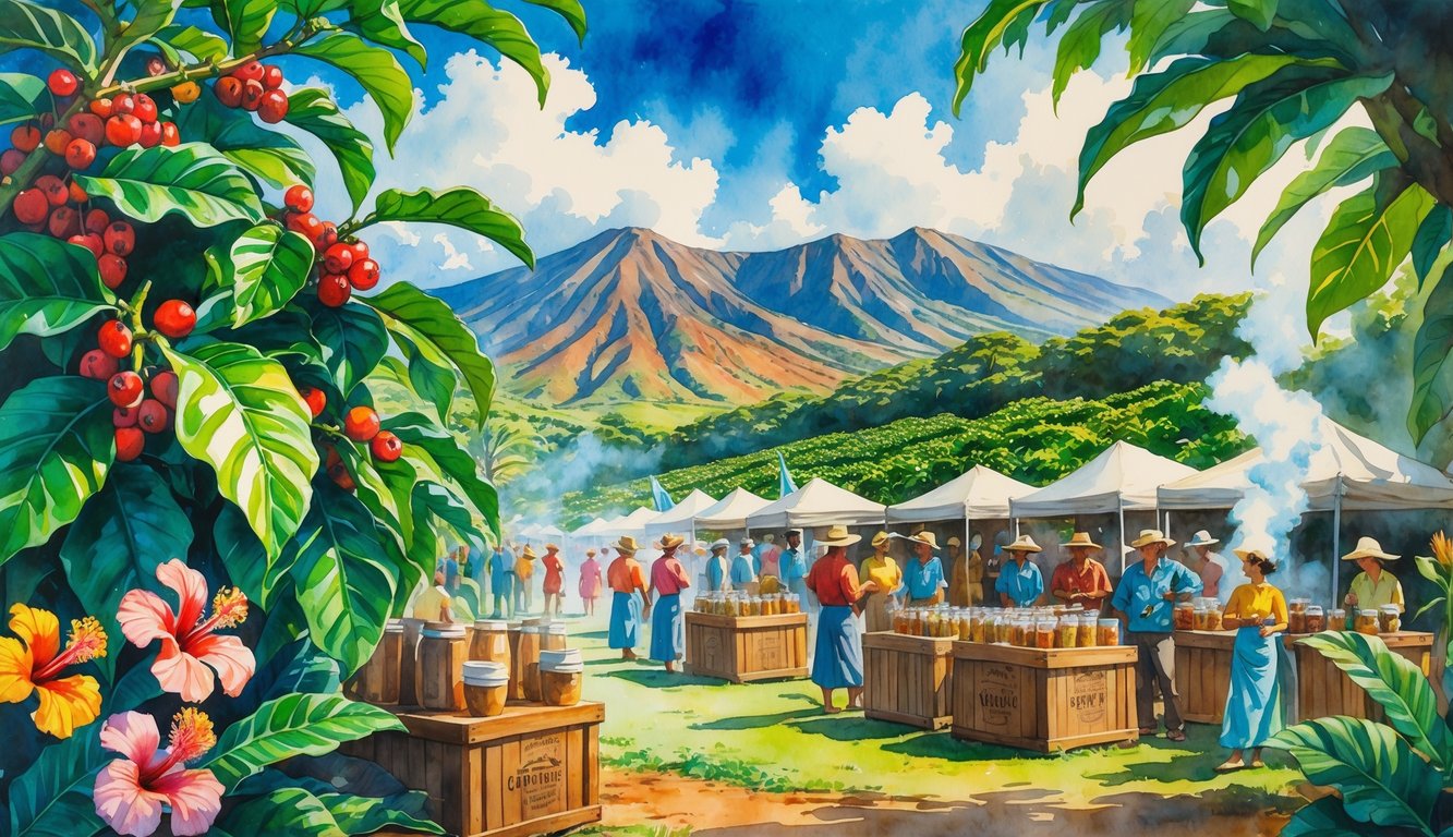 A lively outdoor scene showing people celebrating among coffee plants with red cherries, tropical flowers, and mountains in the background.