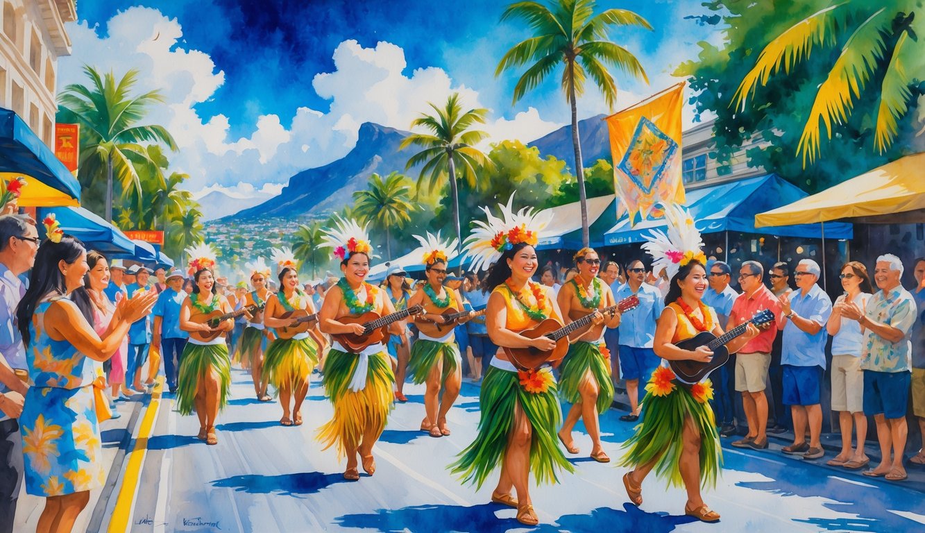 A lively parade on Oahu with dancers in traditional Hawaiian clothing, musicians, and spectators along a street lined with palm trees and mountains in the background.