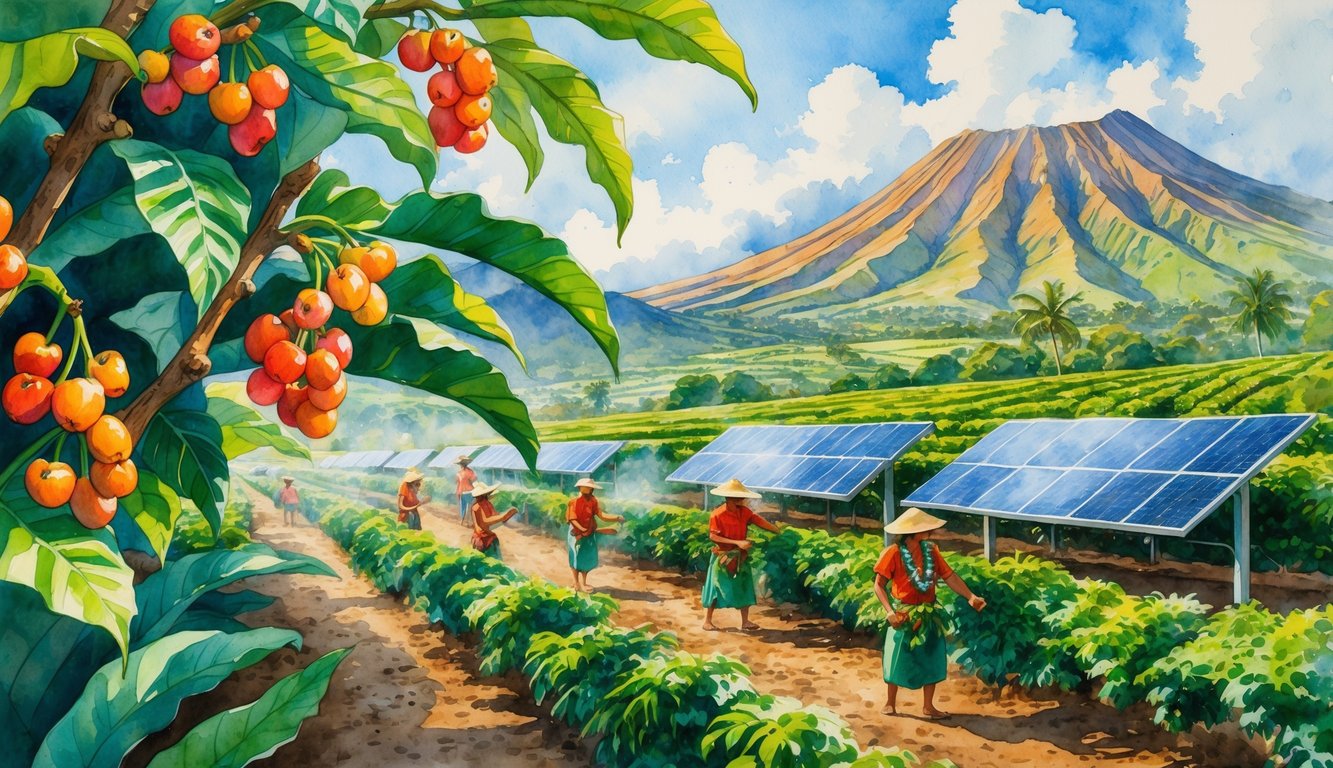 A scene showing Kona coffee farmers harvesting ripe coffee cherries near volcanic mountains, with hula dancers celebrating in the background and solar panels on the hillside.