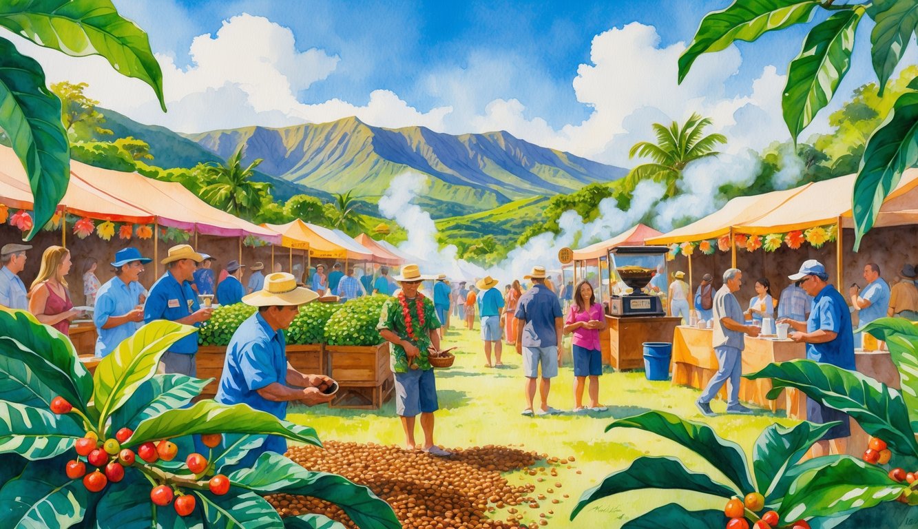 People harvesting coffee and enjoying a festival with mountains and greenery in the background.
