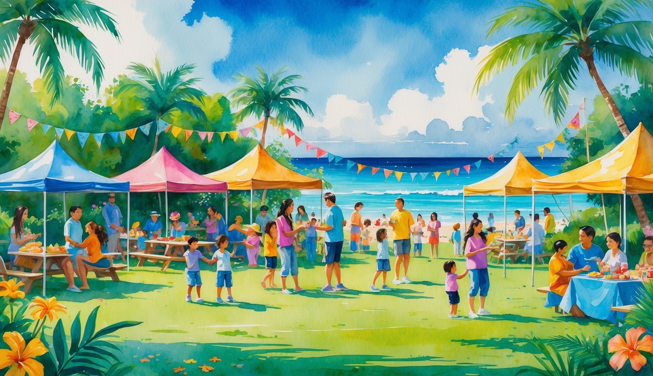Families and children enjoying a lively outdoor gathering at a beachside park with palm trees, colorful tents, and ocean in the background.