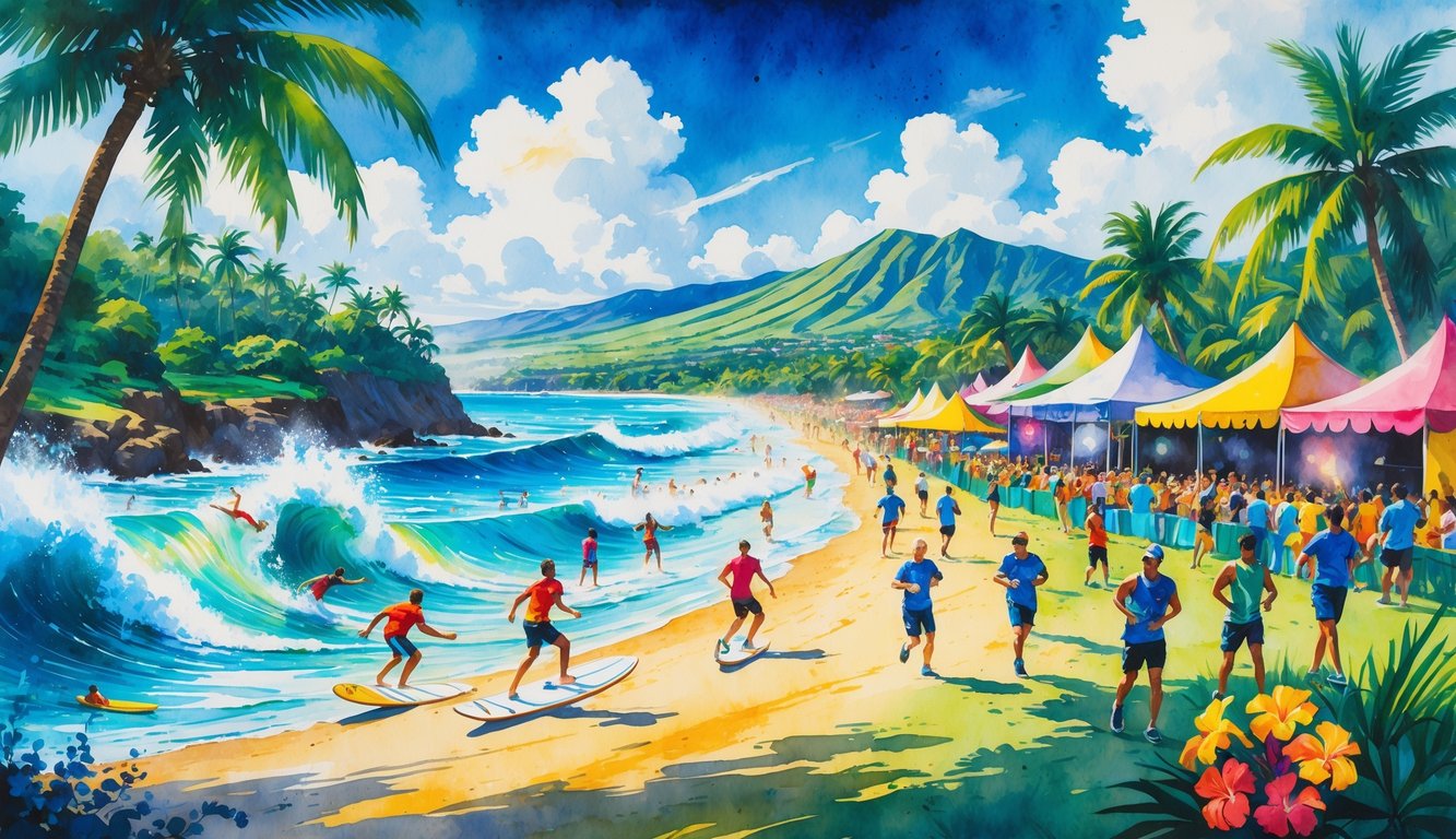A lively outdoor scene in Hawaii with athletes surfing, playing beach volleyball, and running a marathon near a tropical beach, alongside a crowd enjoying a music festival with palm trees and mountains in the background.