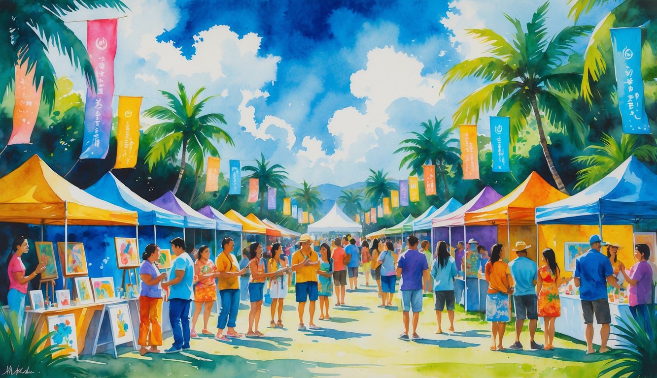A lively outdoor community event on Oahu with people enjoying art displays, music, and cultural activities surrounded by palm trees and tropical plants.