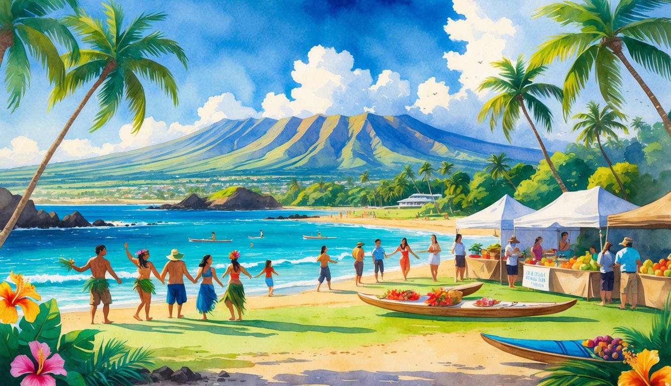 A tropical outdoor scene with people enjoying activities like hula dancing, surfing, and a farmers market near palm trees, mountains, and the ocean.