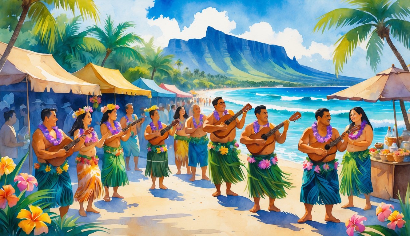 A festive outdoor scene with people in traditional Hawaiian clothing dancing, playing music, and enjoying a cultural event near palm trees and the ocean with Diamond Head mountain in the background.