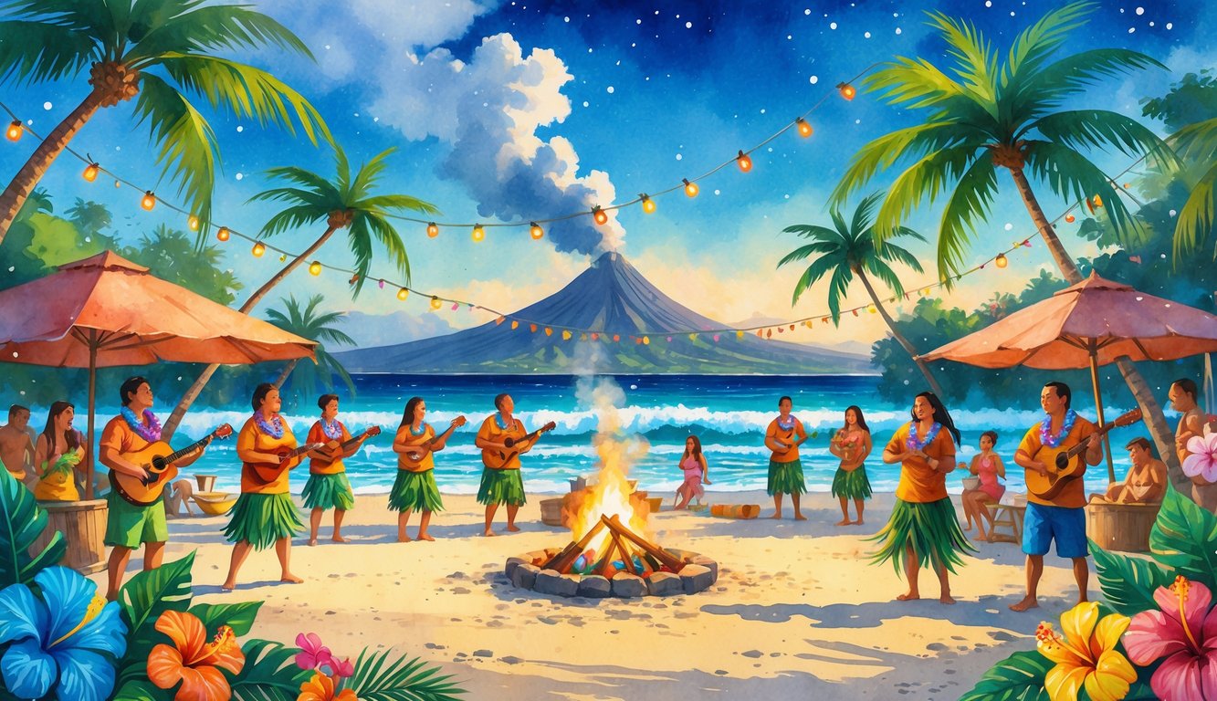 A lively beach scene in Hawaii with people dancing, playing music, palm trees, tropical flowers, and a volcano in the background during a holiday celebration.