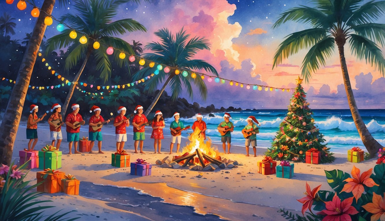 A tropical beach scene with palm trees decorated with Christmas lights, people gathered around a bonfire playing music, and a Christmas tree made of driftwood near the shore at sunset.