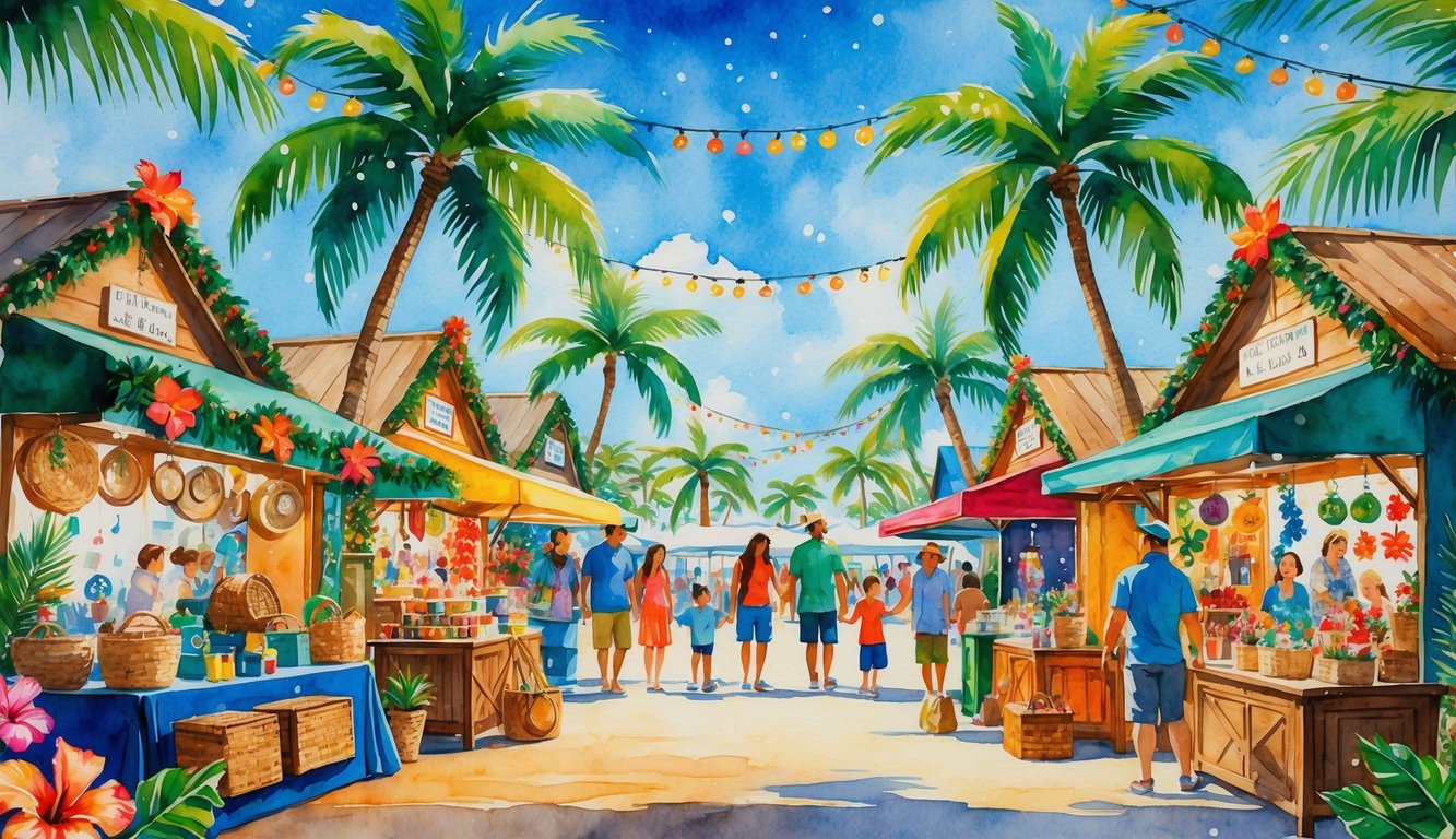 A busy outdoor market with decorated stalls, palm trees, and people shopping and enjoying music in a tropical setting.