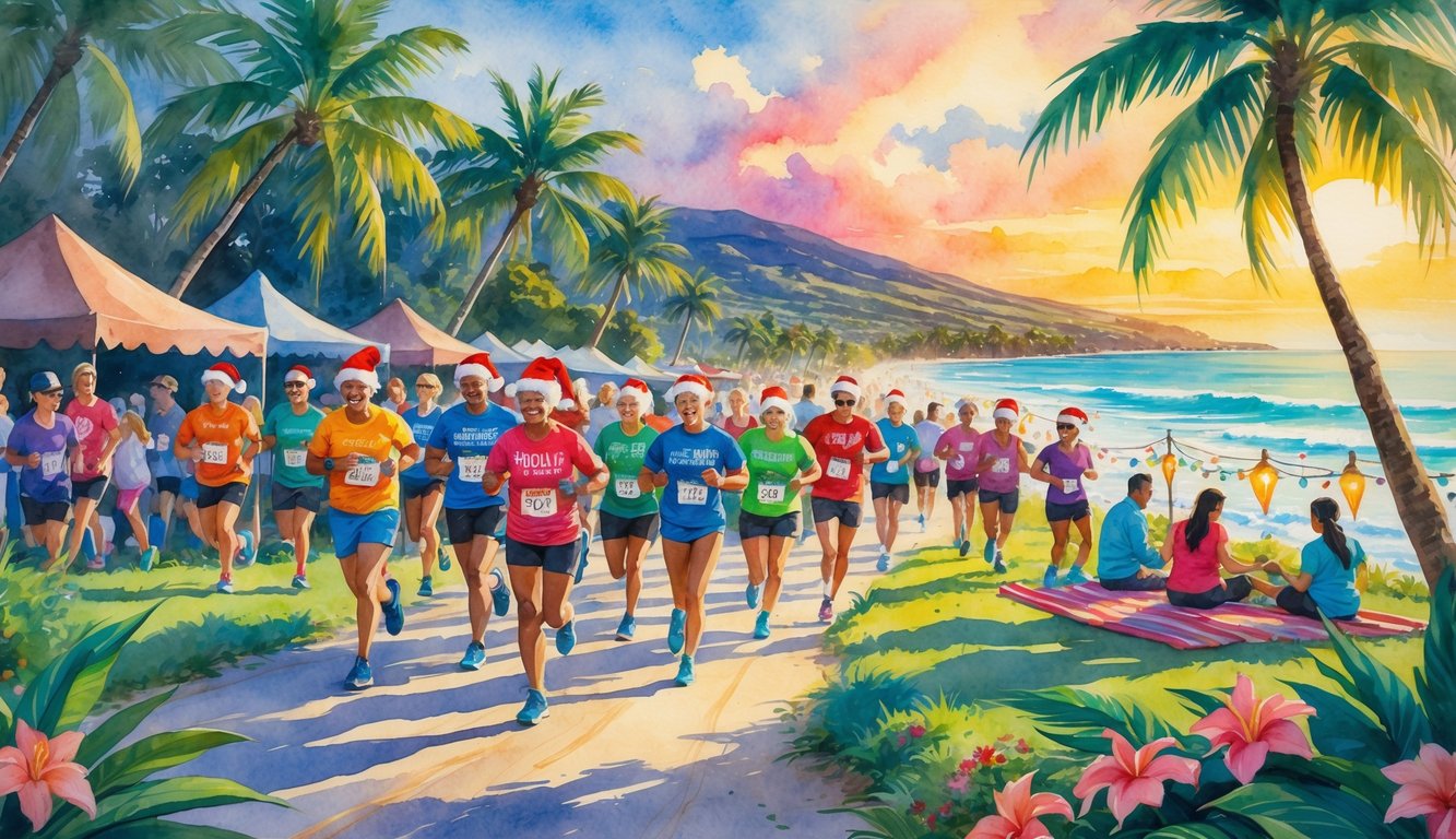 People running along a coastal path lined with palm trees and tropical flowers, with others enjoying a festive outdoor gathering near the ocean at sunset.