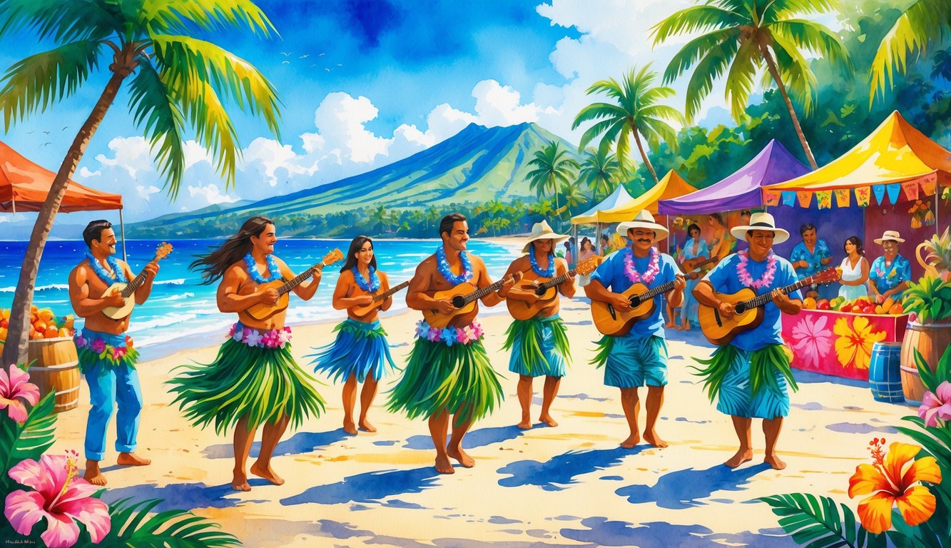 People in traditional Hawaiian clothing dancing and playing music on a beach with palm trees, market stalls, and mountains in the background.