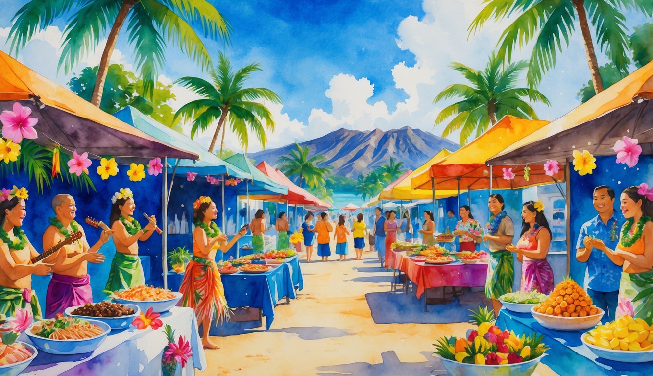 A festive outdoor scene with people enjoying Hawaiian cultural activities, traditional foods, and tropical surroundings.