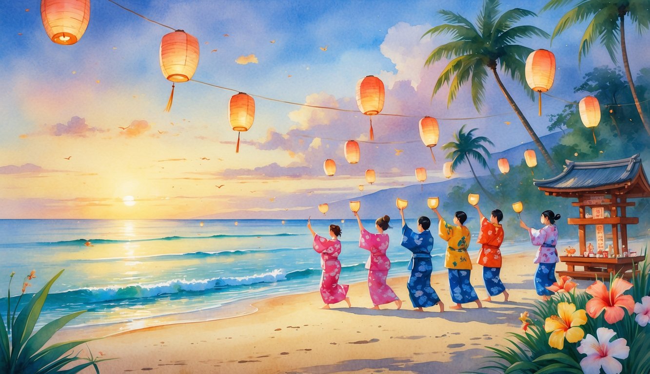 People celebrating Obon season on a Hawaiian beach at sunset with lanterns floating on the water and tropical flowers around.