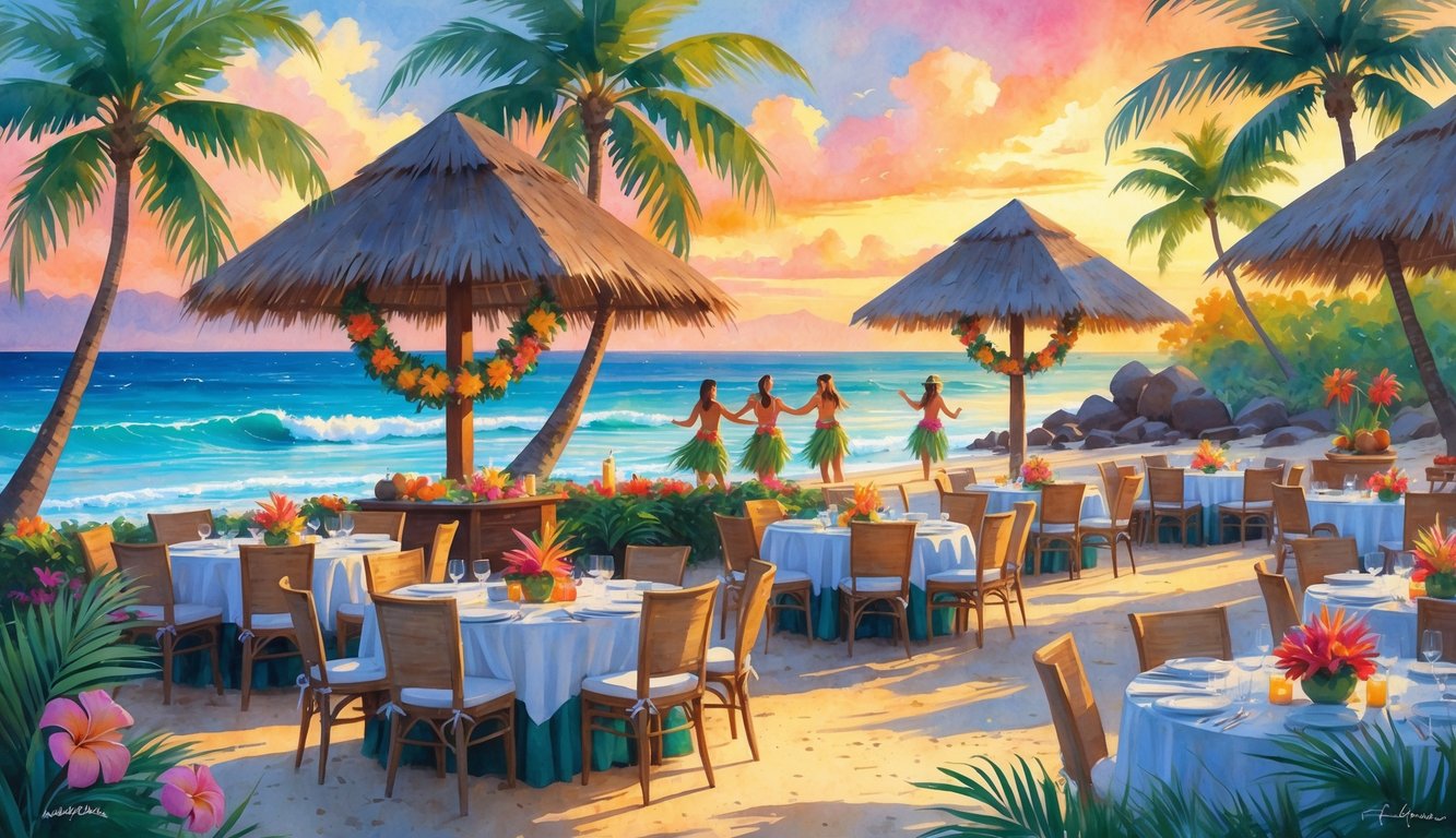 Outdoor dining setup on a tropical beach at sunset with decorated tables, palm trees, and Hawaiian dancers celebrating near the shore.