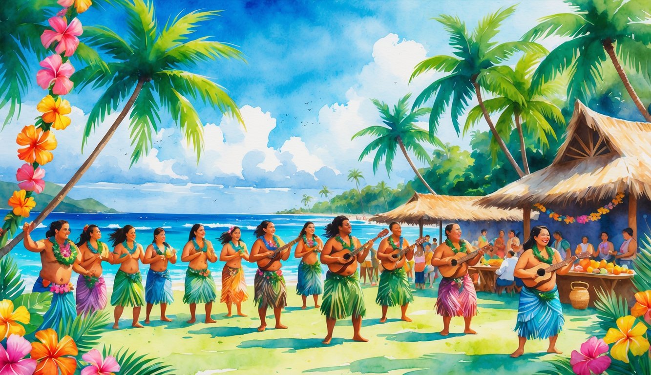 A colorful outdoor scene of people in traditional Hawaiian clothing dancing and playing music near palm trees and the ocean during a festival.