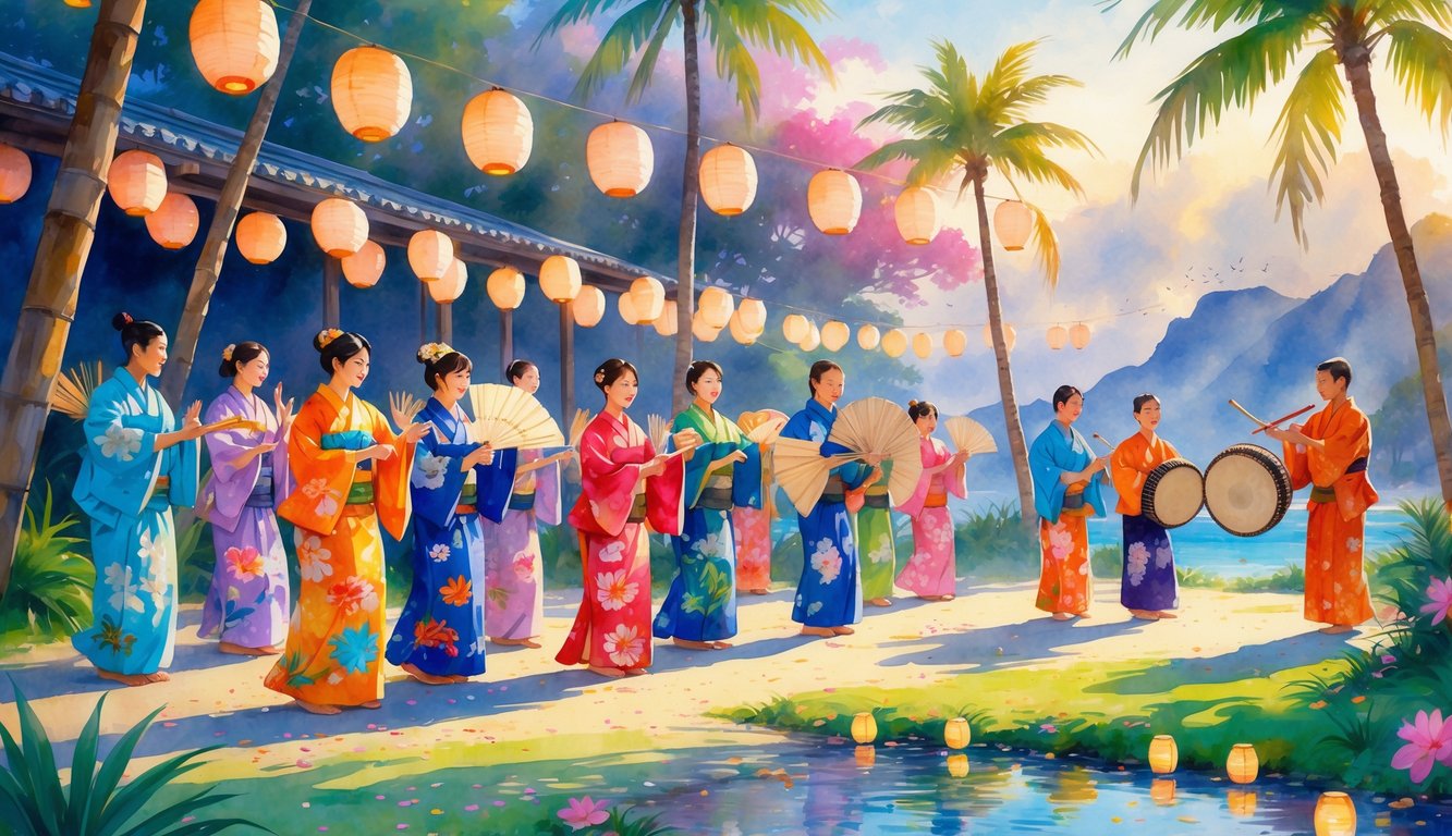 People dressed in traditional Japanese and Hawaiian clothing celebrating a festival outdoors with lanterns, dancing, and musical instruments near palm trees and water.