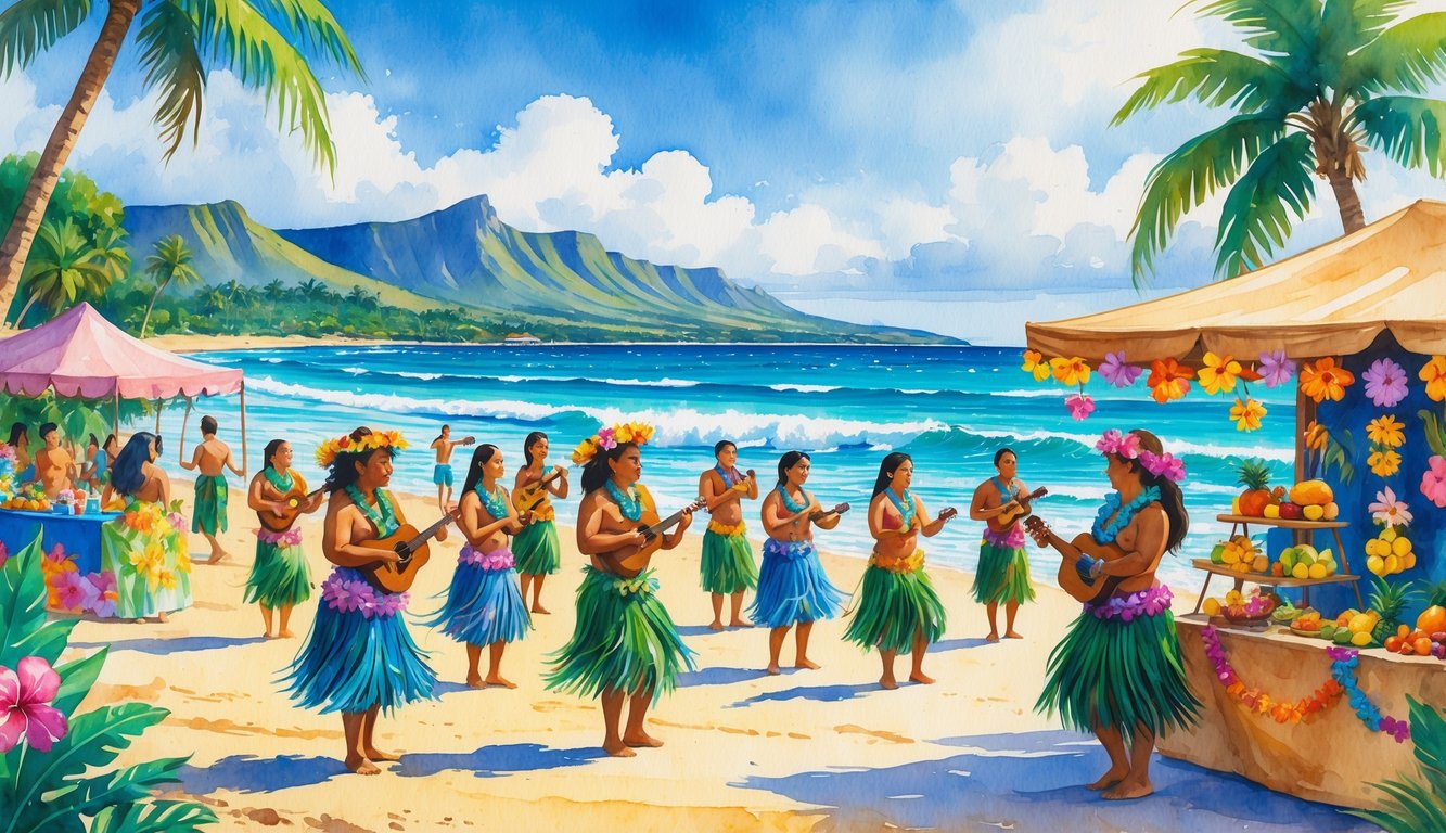 People in traditional Hawaiian clothing dancing and playing music near a beach with palm trees, mountains, and ocean in the background during a festival.