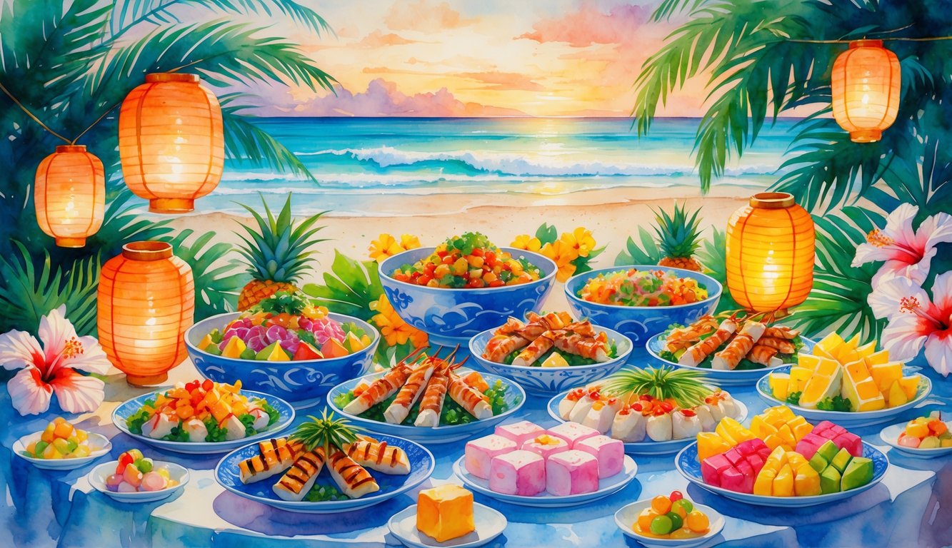A festive table with traditional Obon Festival foods and tropical decorations by the ocean at sunset.