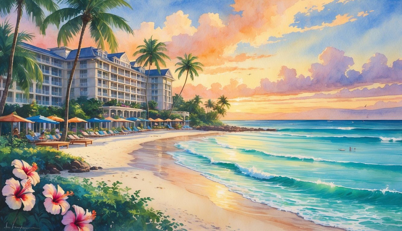 A beachfront hotel surrounded by palm trees and flowers with a sandy beach and ocean waves under a colorful sunset sky.