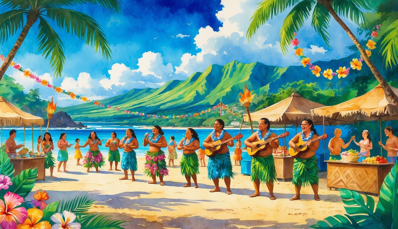 People enjoying a Hawaiian festival outdoors with dancing, music, tropical decorations, mountains, and ocean in the background.