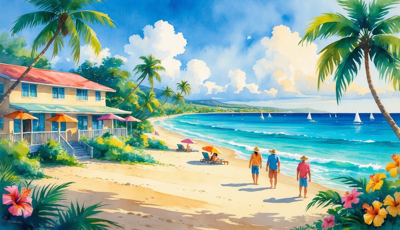 A beach with a small hotel surrounded by palm trees and flowers, people relaxing on the sand, and boats on the ocean under a sunny sky.