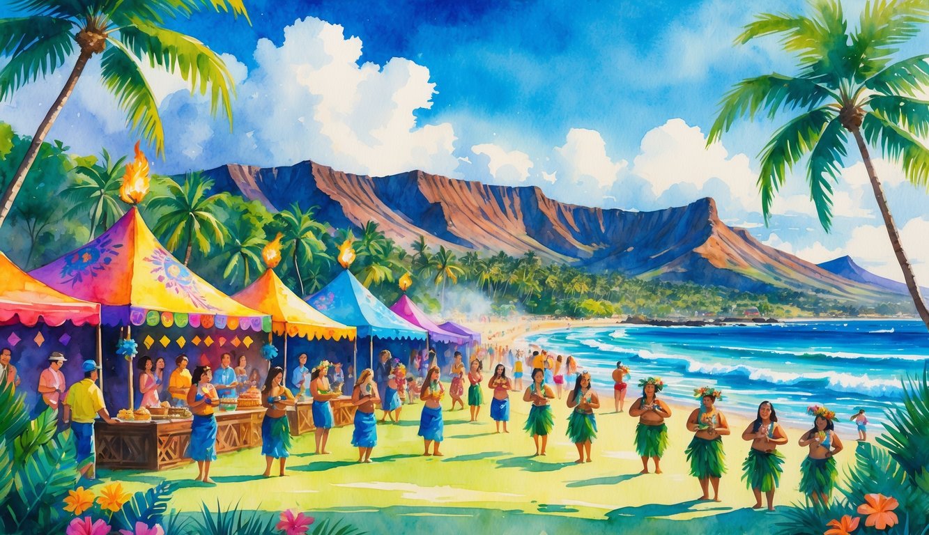 A lively outdoor Hawaiian festival with people dancing and playing music near tropical mountains and a beach.