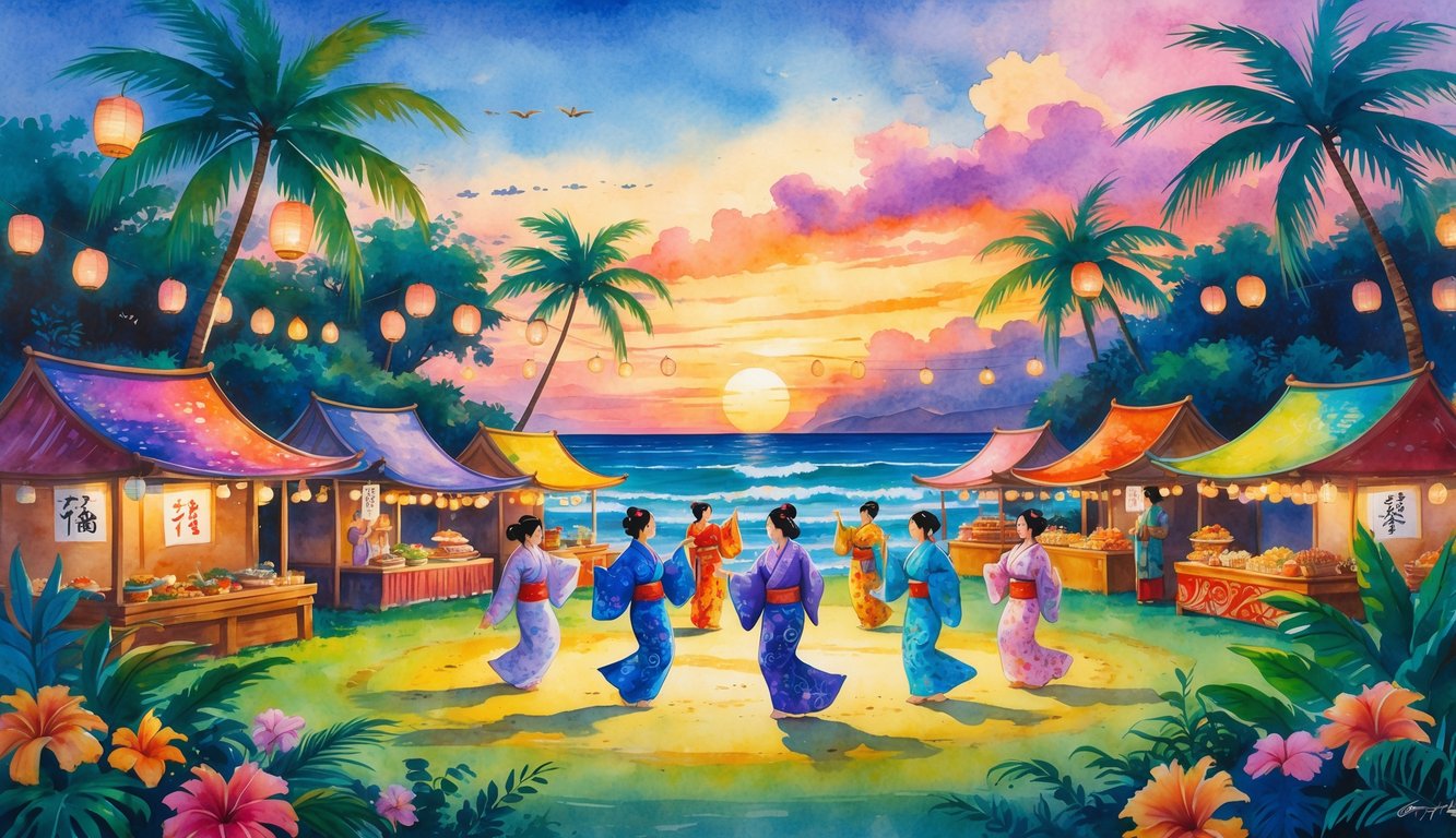 People in colorful traditional clothing dancing under hanging lanterns near tropical plants and ocean at sunset during a festival in Hawaii.