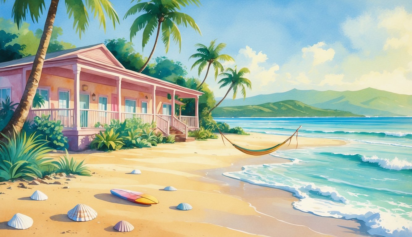 A peaceful beach scene with a small hotel surrounded by palm trees, sandy shore, ocean waves, and distant mountains.