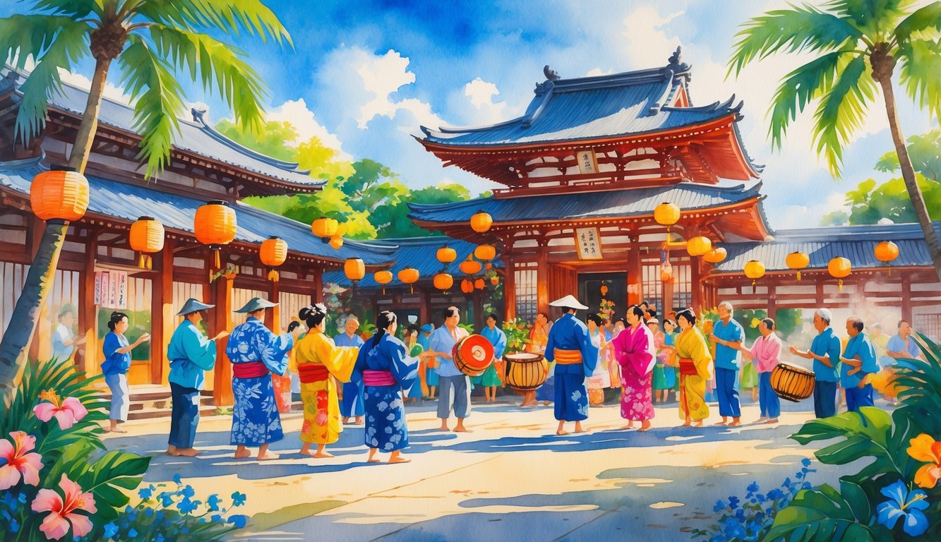 A colorful scene of people celebrating Obon season outdoors near temples decorated with lanterns, with tropical plants and ocean in the background.