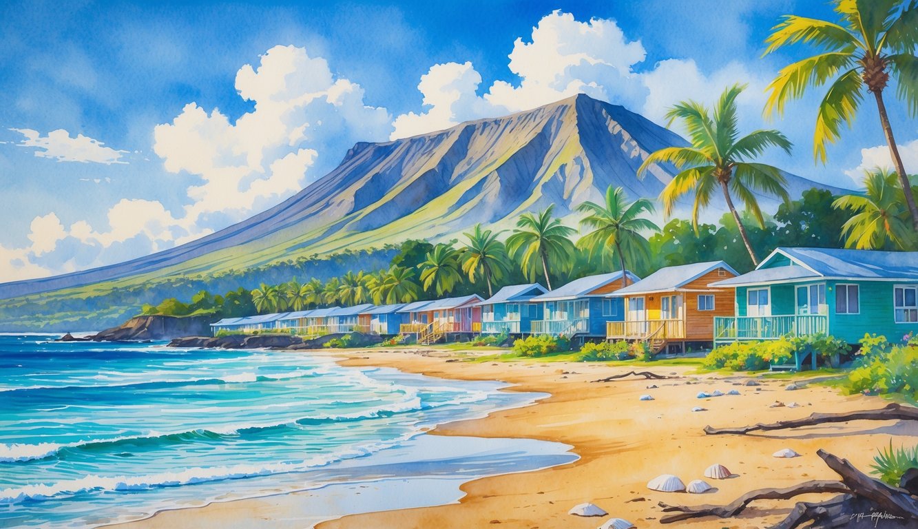 A peaceful coastal scene with small colorful hotels, palm trees, sandy beach, and volcanic mountains in the background.