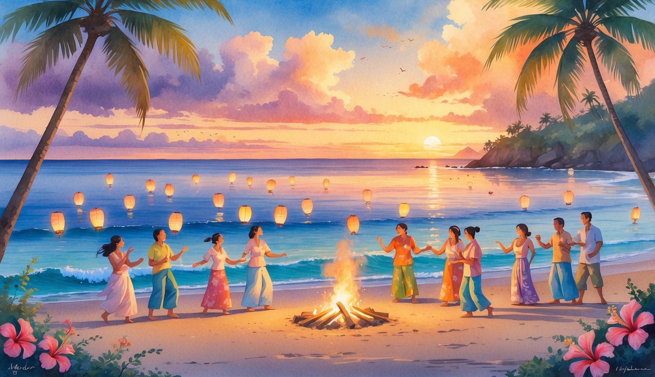 People celebrating by a beach at sunset with lanterns floating on the water and palm trees nearby.