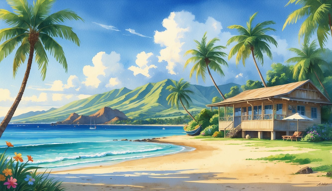 A peaceful tropical island scene with a small hotel, palm trees, sandy beach, gentle waves, hills, and a boat near the shore.