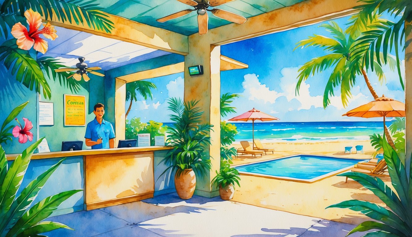 A cozy hotel lobby and guest room with tropical plants, a swimming pool, and a beach with gentle waves in the background.