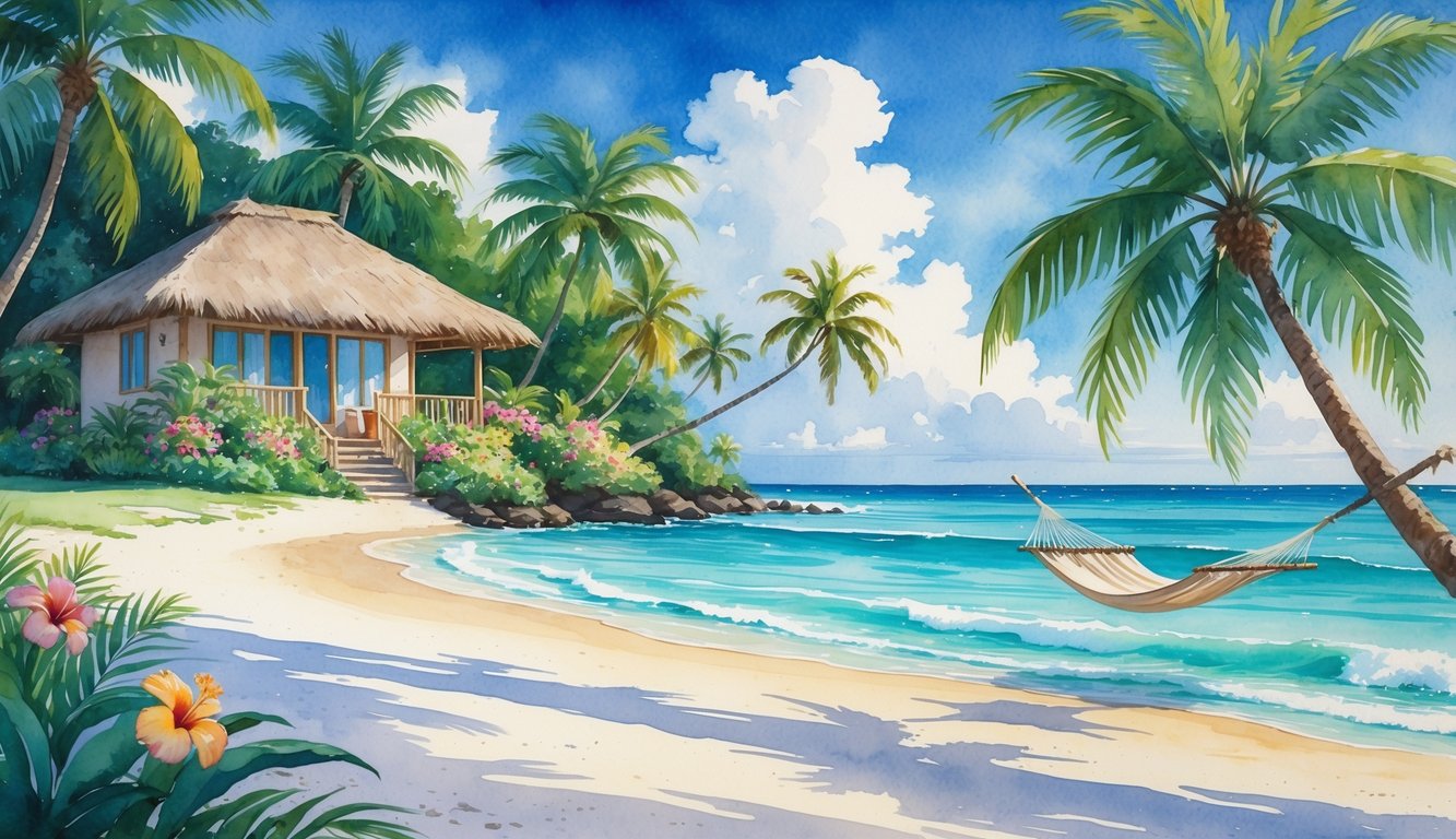 A peaceful beachside bungalow surrounded by palm trees and tropical flowers next to turquoise ocean waves and white sand.