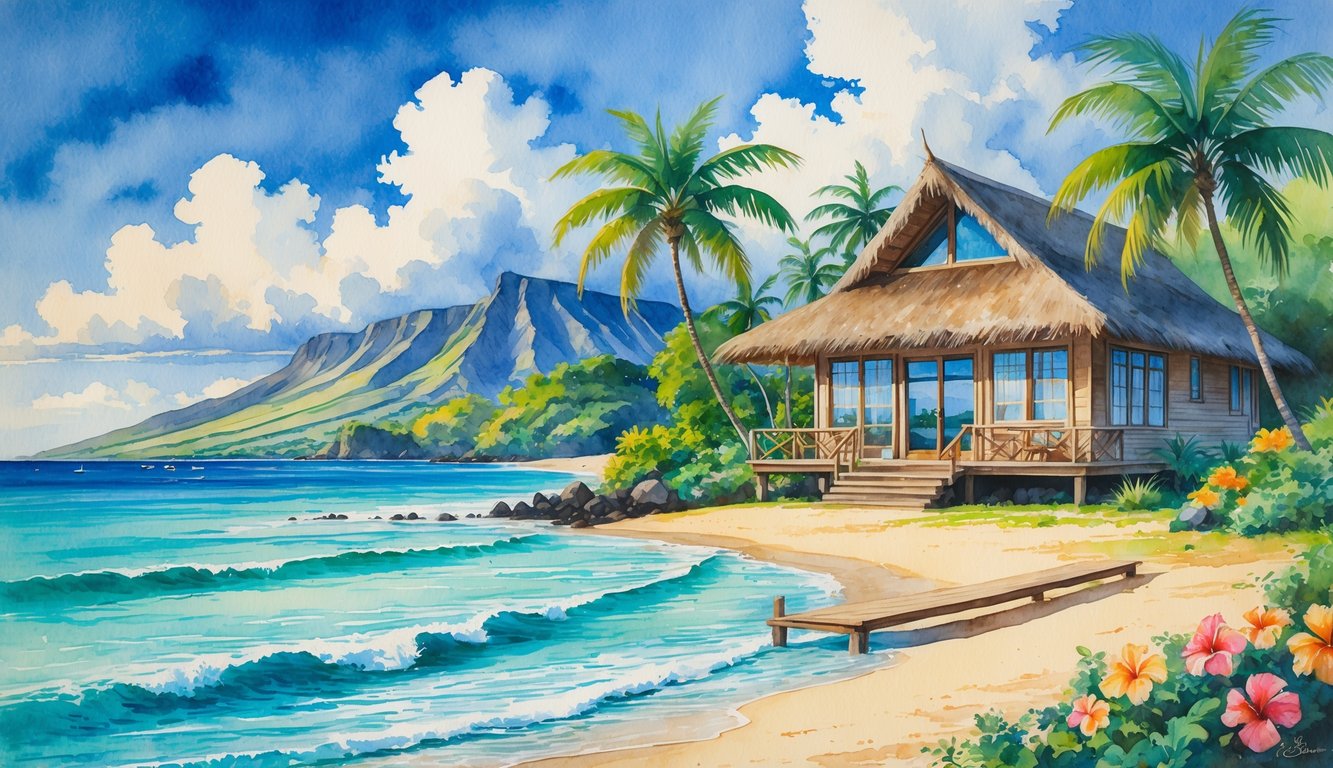 A peaceful beach scene with a bungalow, palm trees, sandy shore, calm ocean, and mountains in the background.