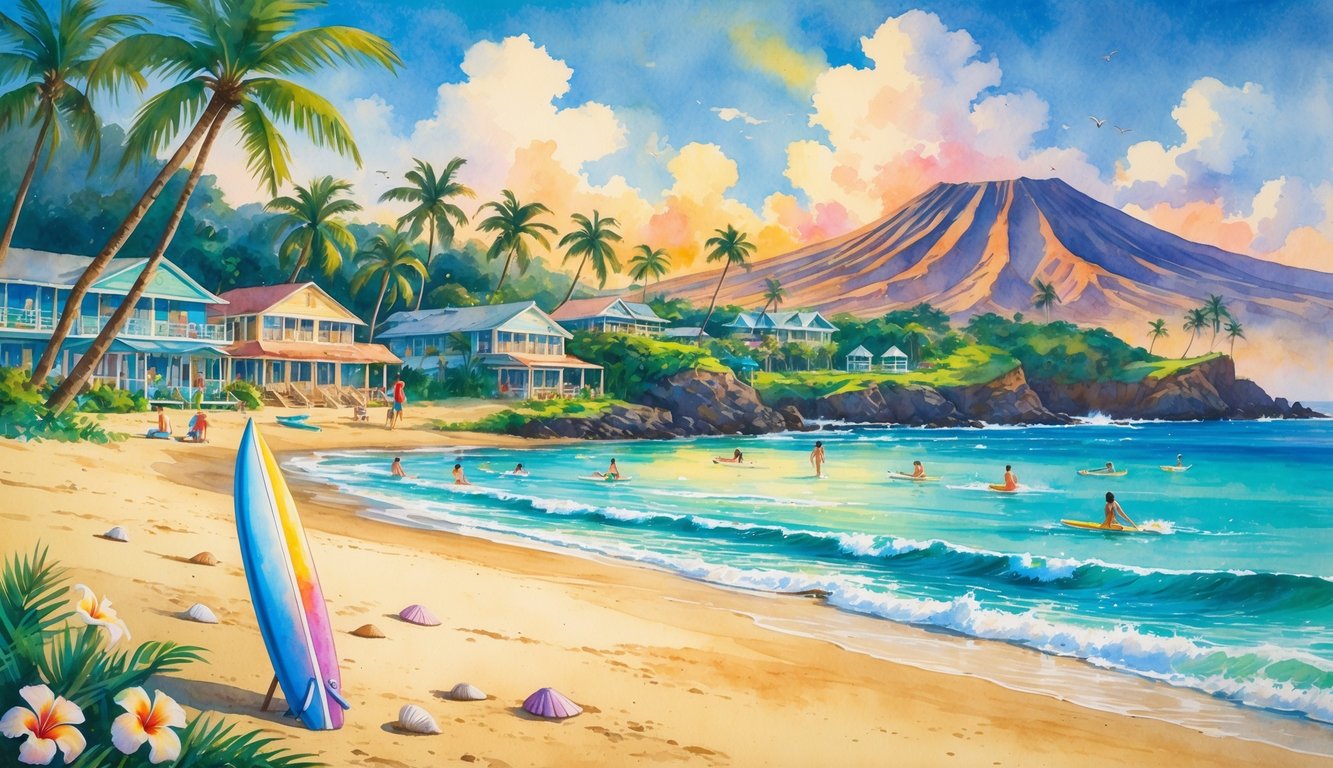 A beach scene with palm trees, modest hotels, people snorkeling and hiking, volcanic mountains, and a colorful sunset over the ocean.